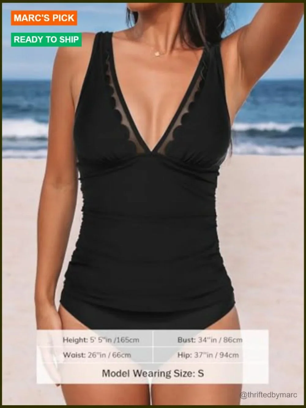 V Neck Mesh Scalloped Tankini Set Adjustable Straps Two Piece Swimwear Mid Rise